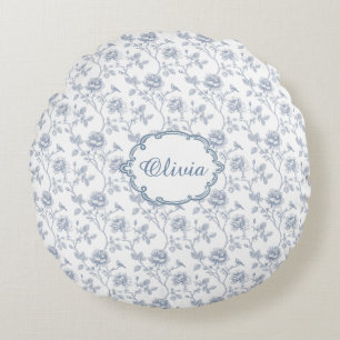 Franse Blauwe Stof Chinoiserie Bloemengirlsnaam Rond Kussen