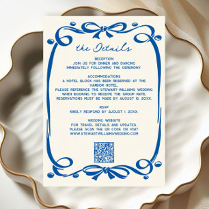 Franse Blauwe Whimsical Hand Getekende Lint Huweli Informatiekaartje