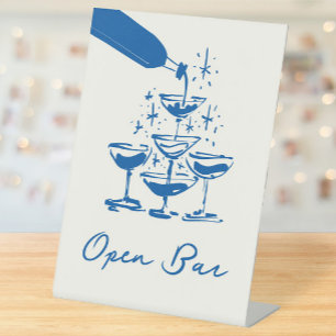 Franse Blauwe Whimsical Hand Getekende Open Bar Reclamebord Met Voetstuk