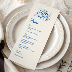 Franse Blauwe Whimsical Hand Getekende Trouwdiner Menu