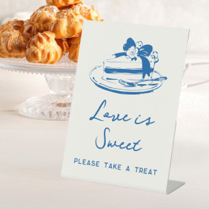 Franse Blauwe Whimsical Love is Sweet Treat Desser Reclamebord Met Voetstuk