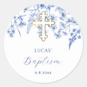 Franse Blauwe Wilde Bloemen Doop Sticker (Voorkant)