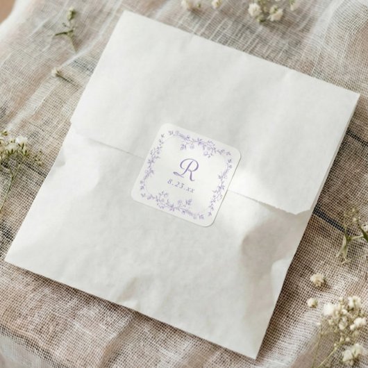 Franse bloem lavendel paarse monogram bruiloft vierkante sticker