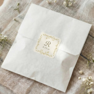 Franse Bloemengoud & Ivoor Monogram Huwelijk Vierkante Sticker