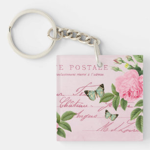 Franse bloemensleutelring met roze roos sleutelhanger