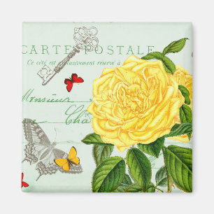 Franse bloemige vintage magneet met gele roos