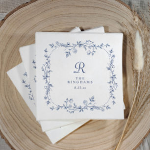 Franse bloemmotief Navyblauw Victoriaans monogram  Servet
