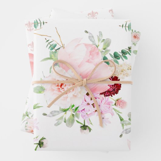 Franse Blush Roze en Witte Waterverf Bloemen Inpakpapier Vel (In situ)