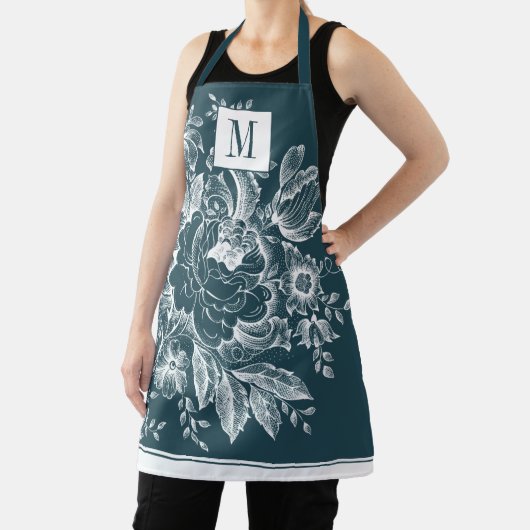 Franse boerderij Peony Monogram Dark Turquoise Schort (Insitu)