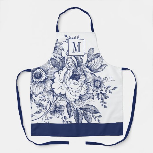 Franse boerderij Peony Monogram Navy Blue Schort (Voorkant)