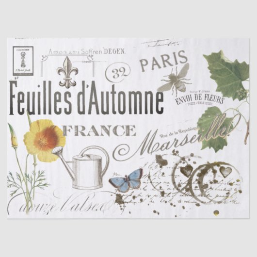  Franse Botanische Bijen Bloemen Decoupage Tissuepapier (Voorkant)