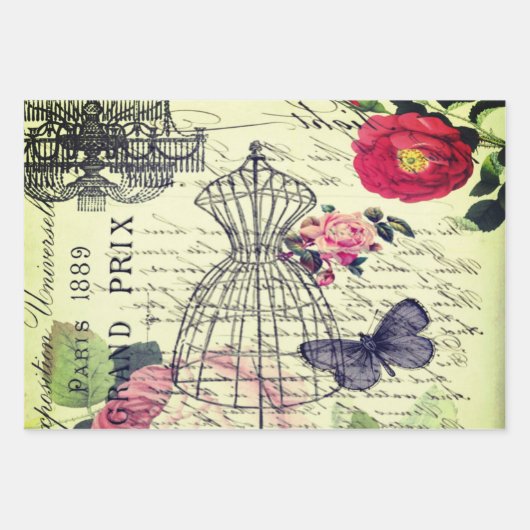 Franse botanische bloem  Eiffeltoren Parijs Inpakpapier Vel (Voorkant 3)