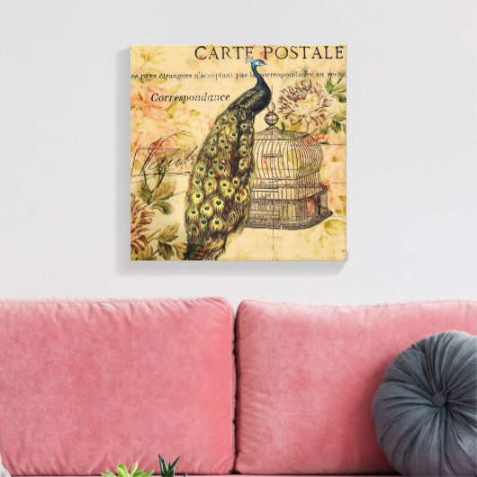 franse botanische kunst nouveau  pauw canvas afdruk (Insitu (Woonkamer))