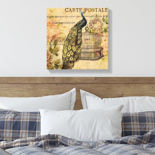 franse botanische kunst nouveau  pauw canvas afdruk (Insitu (Slaapkamer))