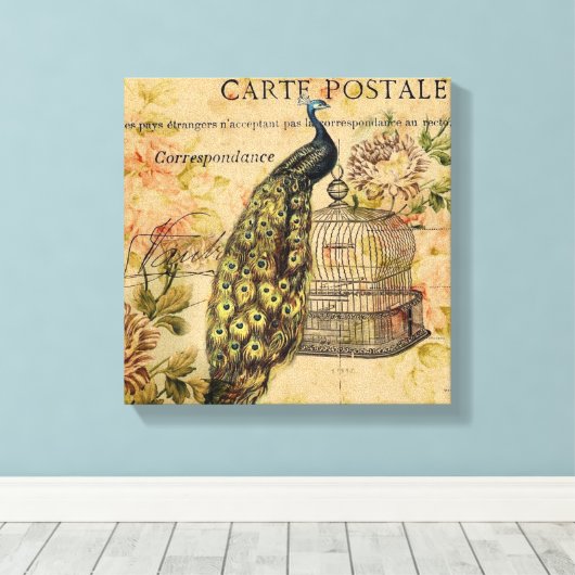 franse botanische kunst nouveau  pauw canvas afdruk (Insitu (Houten vloer))