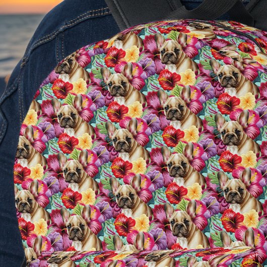 Franse buldog en Paarse n rode hibiscus tropisch Bedrukte Rugzak
