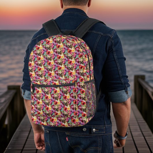 Franse buldog en Paarse n rode hibiscus tropisch Bedrukte Rugzak