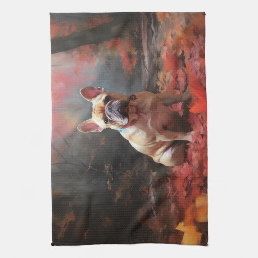 Franse buldog in herfst laat Herfst inspireren Theedoek (Verticaal)