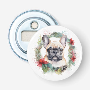 Franse buldog kerst krans feestelijke pup button flesopener