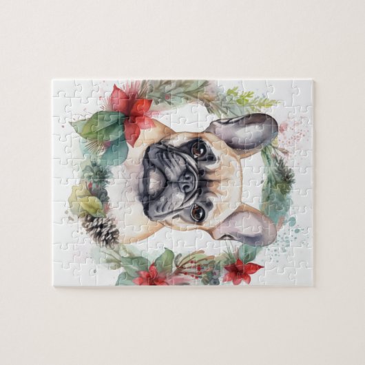 Franse buldog kerst krans feestelijke pup legpuzzel (Horizontaal)