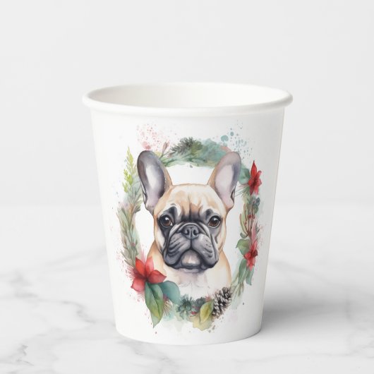 Franse buldog kerst krans feestelijke pup papieren bekers (Achterkant)