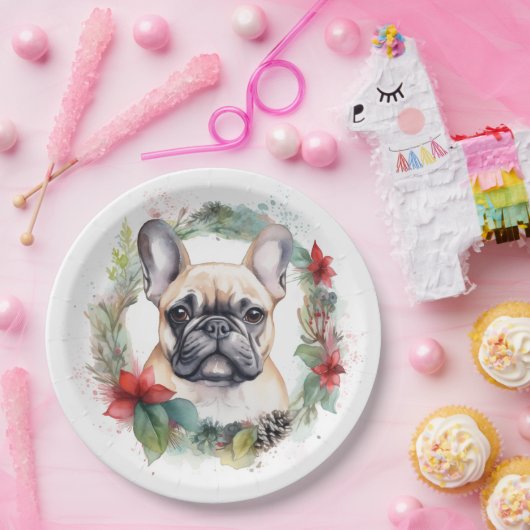 Franse buldog kerst krans feestelijke pup papieren bordje (Feest)