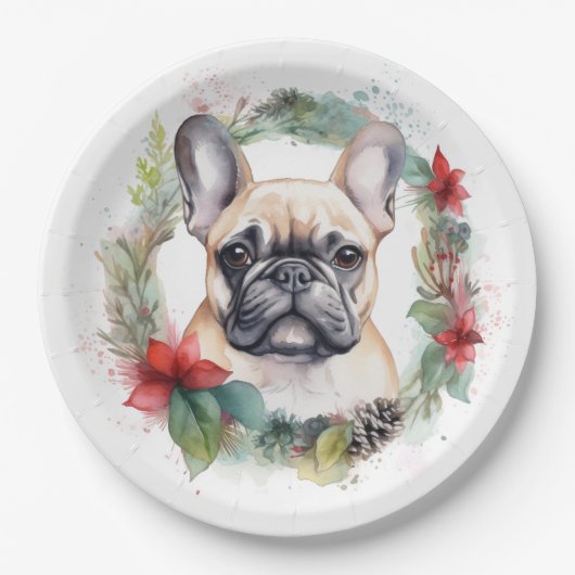 Franse buldog kerst krans feestelijke pup papieren bordje (Voorkant)