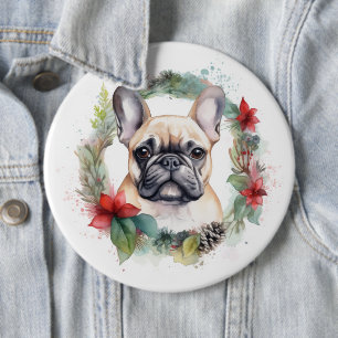 Franse buldog kerst krans feestelijke pup ronde button 6,0 cm