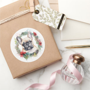 Franse buldog kerst krans feestelijke pup ronde sticker