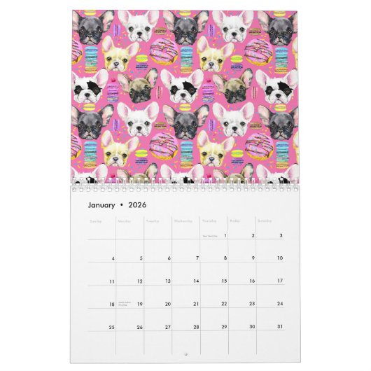 Franse buldog macaron patroon kalender (Jan 2026)