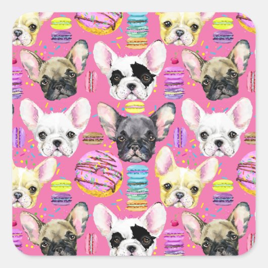Franse buldog macaron patroon vierkante sticker (Voorkant)