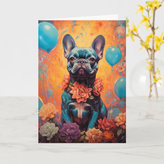 Franse buldog met ballonnen verjaardag kaart (Gele Bloem)