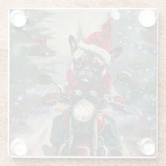 Franse buldog rijden motorfiets kerst glazen onderzetter (Achterkant)