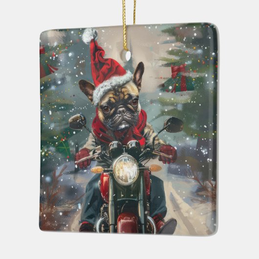 Franse buldog rijden motorfiets kerst keramisch ornament (Links)