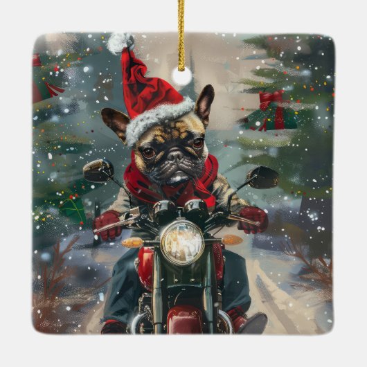 Franse buldog rijden motorfiets kerst keramisch ornament (Achterkant)