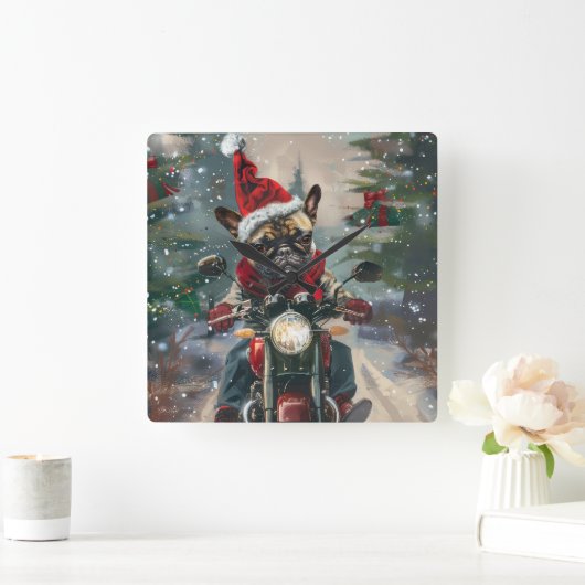 Franse buldog rijden motorfiets kerst vierkante klok (Huis)