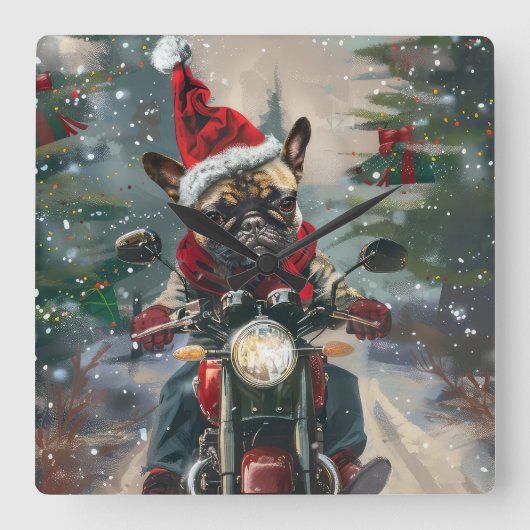 Franse buldog rijden motorfiets kerst vierkante klok (Voorkant)