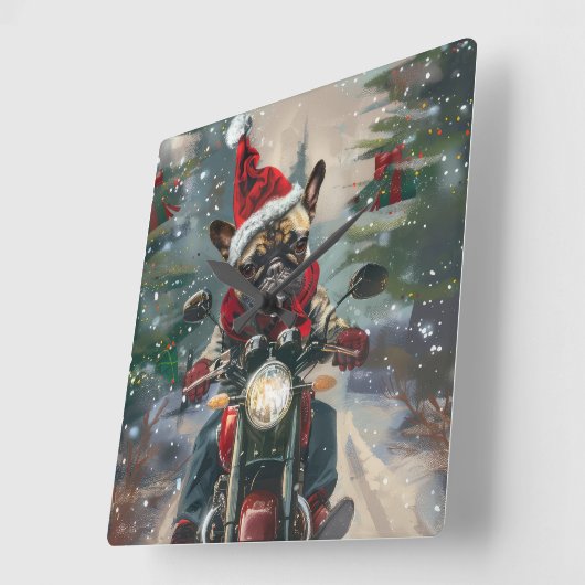 Franse buldog rijden motorfiets kerst vierkante klok (Hoek)