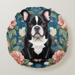 Franse buldog William Morris geïnspireerd Floral Rond Kussen