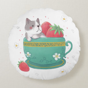 Franse Bulldog, Aardbeien & Cup Illustratie Rond Kussen
