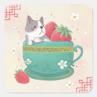 Franse Bulldog, Aardbeien & Cup Illustratie Vierkante Sticker