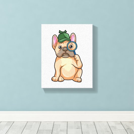 Franse bulldog als rechercheur met vergrootglas canvas afdruk (Insitu (Houten vloer))