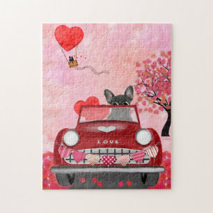 Franse Bulldog Auto met Hartjes Valentijnsdag Legpuzzel