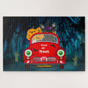 Franse Bulldog Bestuurt Auto Griezige Halloween Legpuzzel