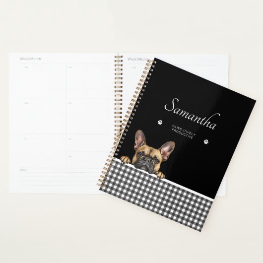 Franse Bulldog Black White Gingham Aangepaste naam Planner (Display)