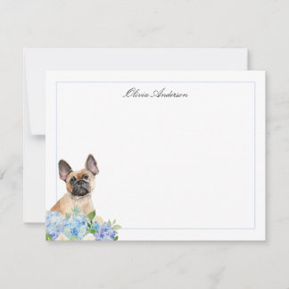 Franse Bulldog Blauwe Hortensia Gepersonaliseerd Notitiekaartje