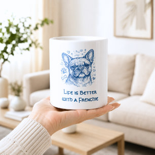 Franse Bulldog blauwe lijntekening doodle frenchie Koffiemok