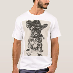 Franse Bulldog Cowboy Pet Retro Inkt Design T-shir T-shirt