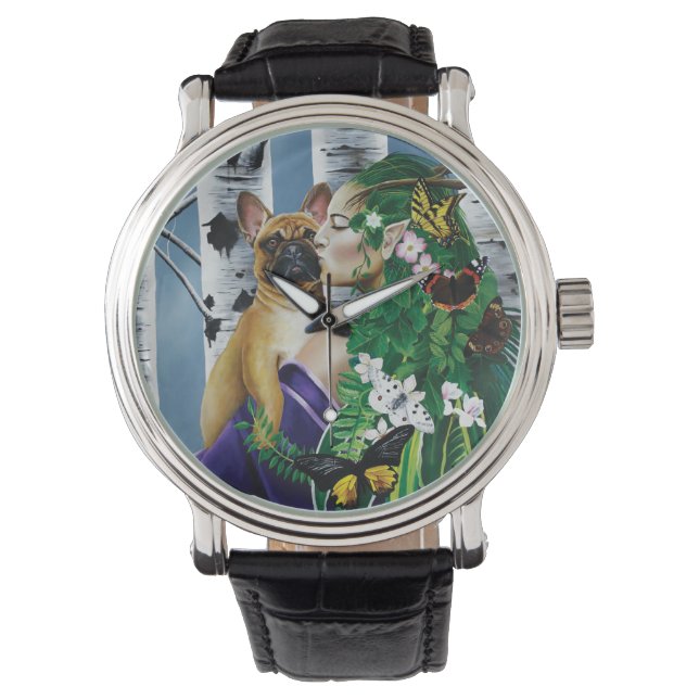 Franse Bulldog Dryad Fantasie Horloge (Voorkant)