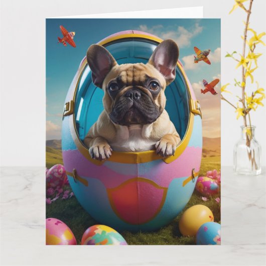 Franse Bulldog Easter Eggs Kaart (Gele Bloem)